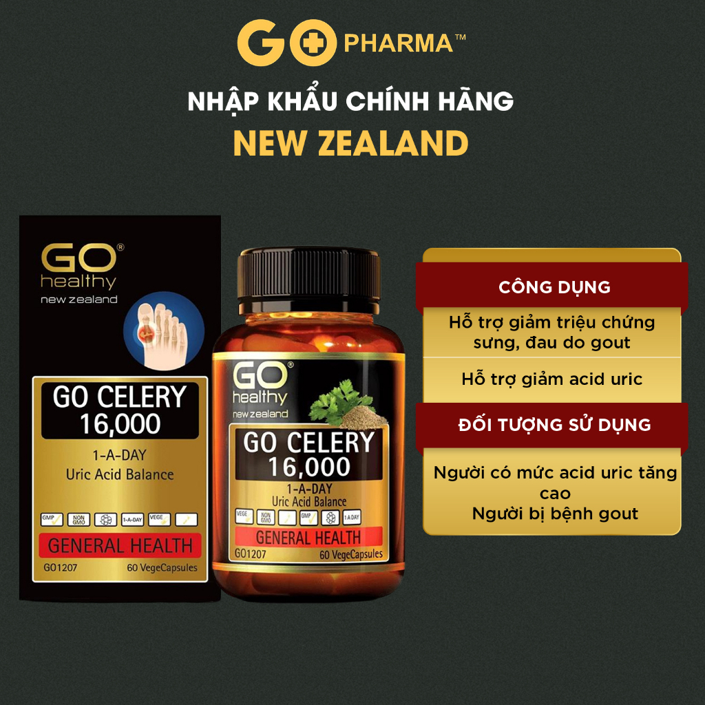 Viên uống hỗ trợ bệnh gout GO Healthy GO CELERY 16000 New Zealand lọ 60 viên axit uric giảm acid uric, biến chứng gút