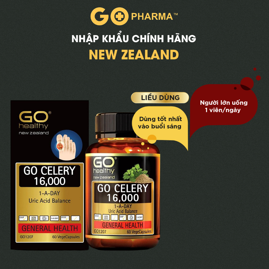 Viên uống hỗ trợ bệnh gout GO Healthy GO CELERY 16000 New Zealand lọ 60 viên axit uric giảm acid uric, biến chứng gút