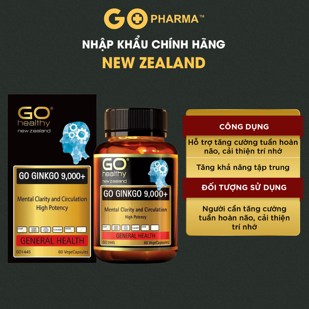 Bổ não GO Healthy GO Ginkgo 9000+ giúp hoạt huyết, tuần hoàn não, tăng trí nhớ, giúp tập trung, hỗ trợ ngủ ngon