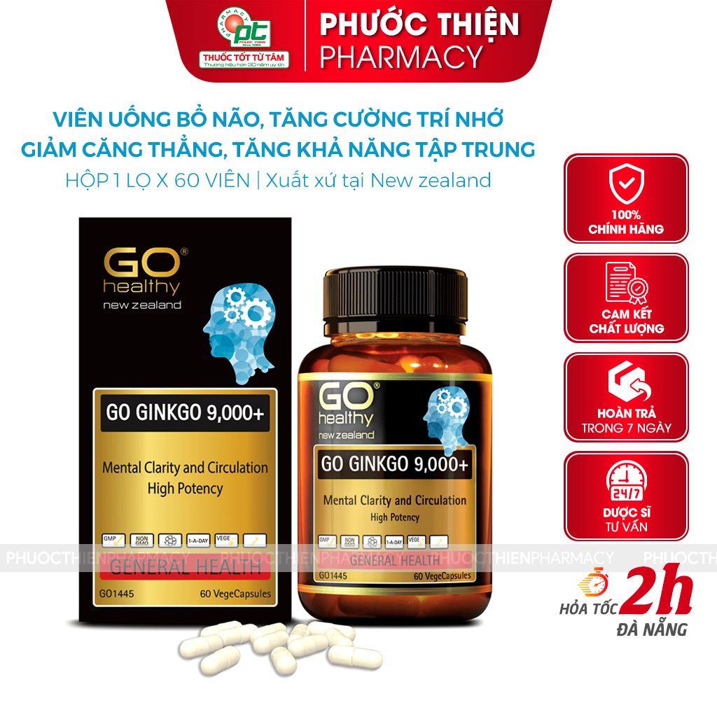 Bổ não GO Healthy GO Ginkgo 9000+ giúp hoạt huyết, tuần hoàn não, tăng trí nhớ, giúp tập trung, hỗ trợ ngủ ngon