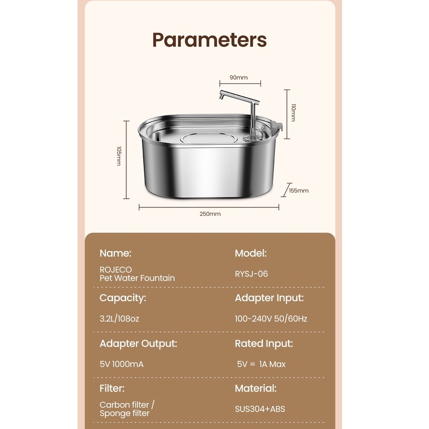 Máy Phun Nước Uống Rojeco 3.2L Tự Động Bằng Inox Không Gỉ 304 Cho Thú Cưng