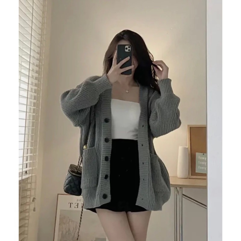 Áo khoác cardigan len trơn khuy nữ form to hàng Qc