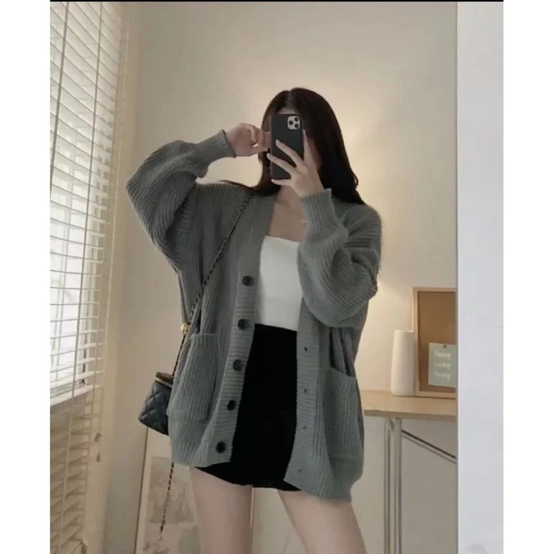 Áo khoác cardigan len trơn khuy nữ form to hàng Qc