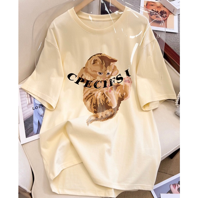 Áo thun cotton form rộng họa tiết in mèo dễ thương