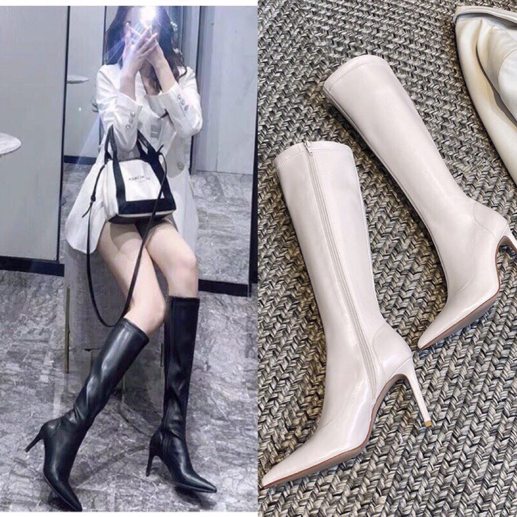 Bốt Đùi Dưới Gối Da Bóng Và Da Lì Gót Nhọn 8cm Khóa Sườn Lót Nỉ  2 Màu Đen Trắng Kem Mã P61 Shop Phương Nhi