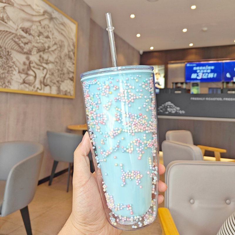 Ly nhựa uống nước đá bọt biển 750ml thiết kế 2 lơp nhựa abs an toàn cho sức khỏe kèm ống hút