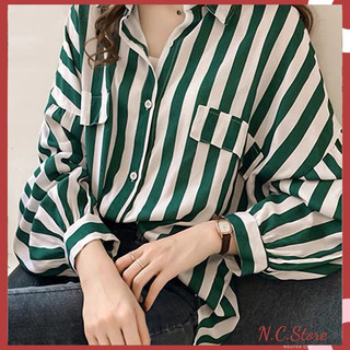Áo sơ mi kẻ sọc tay bom dáng rộng trendy