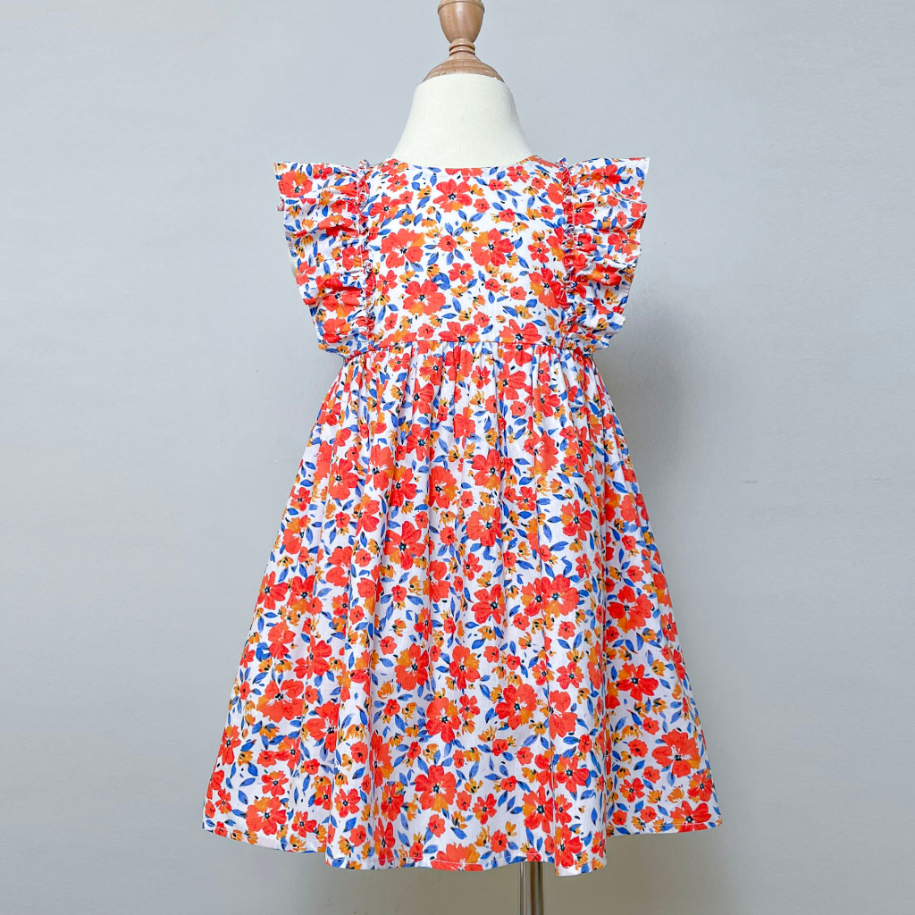 Váy Hoa Bé Gái Váy Bé Gái Thiết Kế Dáng Đầm Cánh Tiên Vải Thô Cotton Họa Tiết Hoa Hồng