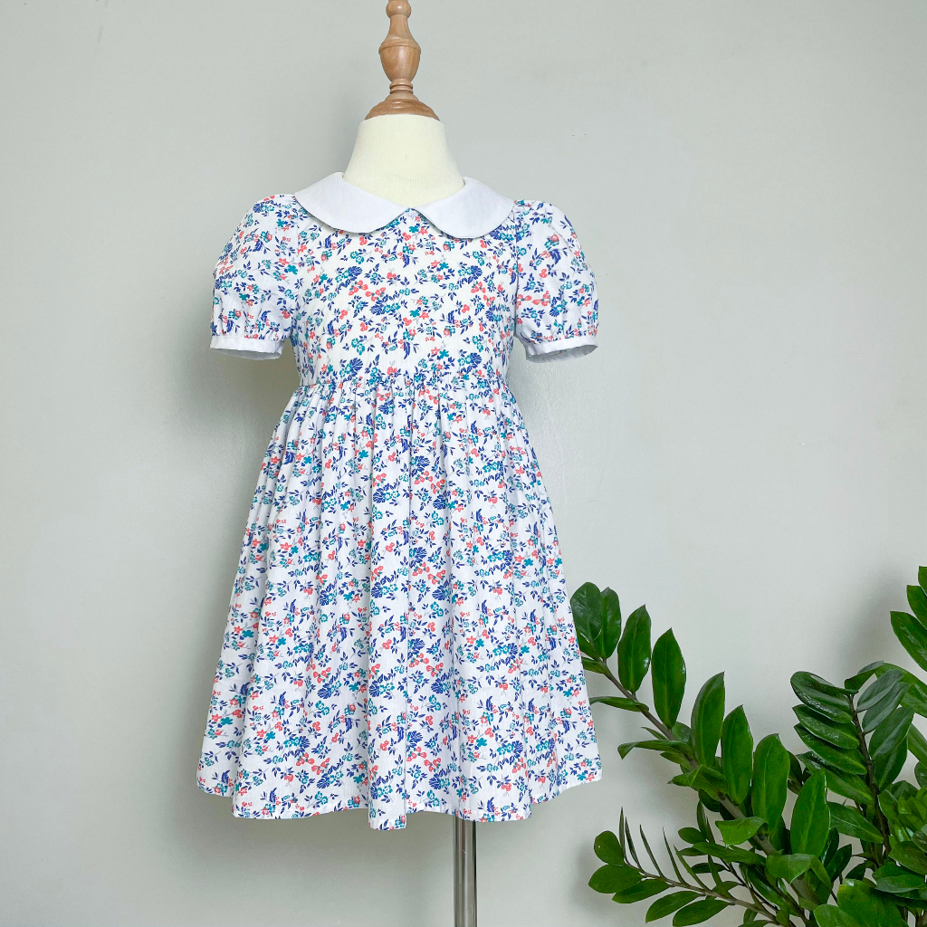 Váy Hoa Bé Gái Đầm Hoa Bé Gái Thiết Kế Cổ Sen Tay Bồng Vai Vải Thô Cotton 100%