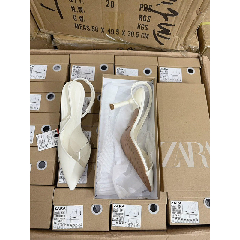 Giày sandal cao gót Z.r mũi nhọn phối mica trong gót nhọn cao 8cm màu kem phong cách cá tính hàng Fullbox mới