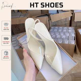 Giày sandal cao gót Z mũi nhọn phối mica trong gót nhọn cao 8cm màu kem phong cách cá tính hàng Fullbox mới A1795-6