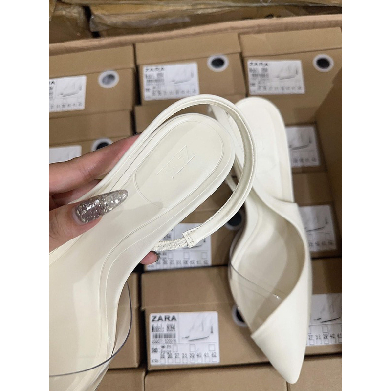 Giày sandal cao gót Z.r mũi nhọn phối mica trong gót nhọn cao 8cm màu kem phong cách cá tính hàng Fullbox mới