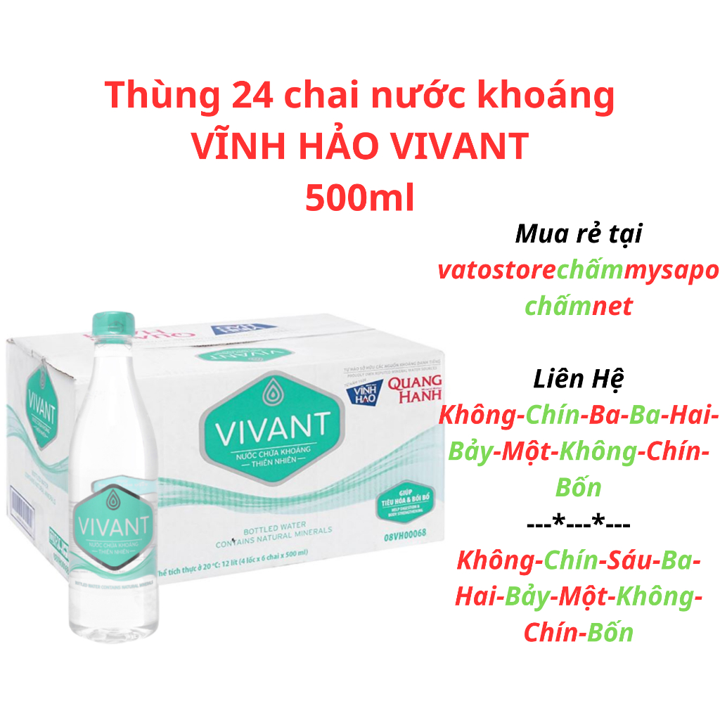 Thùng 24 chai nước khoáng VĨNH HẢO VIVANT 500ml / Lốc 6 chai nước khoáng VĨNH HẢO VIVANT 500ml