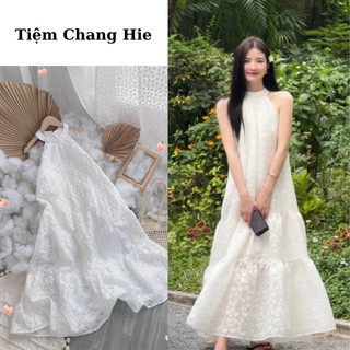 Đầm trắng công chúa maxi cổ yếm hoa nổi | Váy công chúa tiểu thư đi tiệc du lịch sinh nhật kỉ yếu