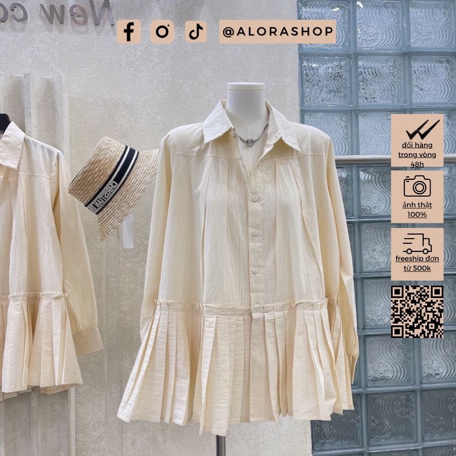 Váy sơ mi cổ bẻ đuôi cá xếp li dáng babydoll trắng, be thời trang nữ Alora