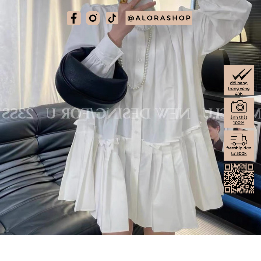 Váy sơ mi cổ bẻ đuôi cá xếp li dáng babydoll trắng, be thời trang nữ Alora