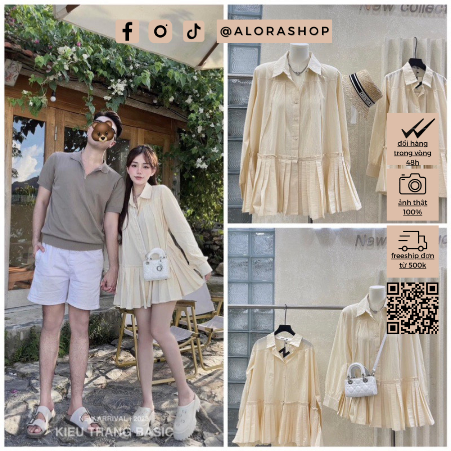 Váy sơ mi cổ bẻ đuôi cá xếp li dáng babydoll trắng, be thời trang nữ Alora