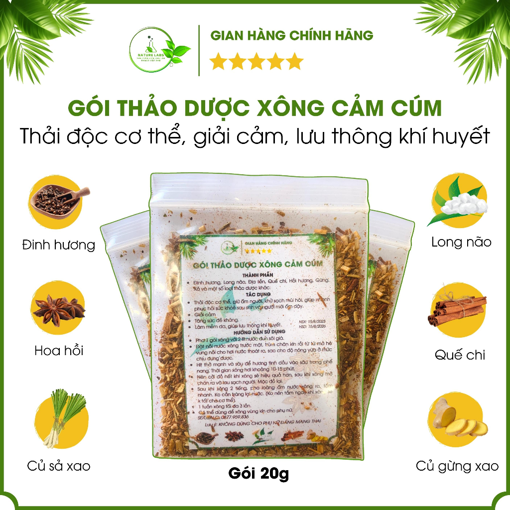 Gói thảo dược xông cảm cúm chứa các loại thảo mộc có tinh dầu quý xông đầu toàn thân và dùng nước xông thảo dược tắm