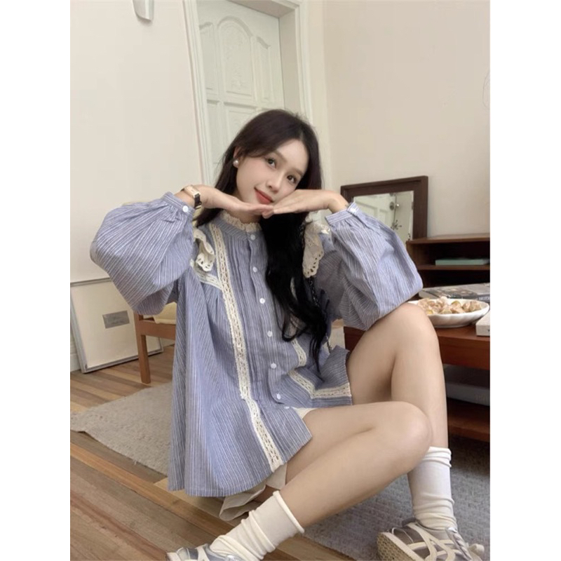 Áo sơmi điệu xanh cổ cao phối ren trắng babydoll tay bo