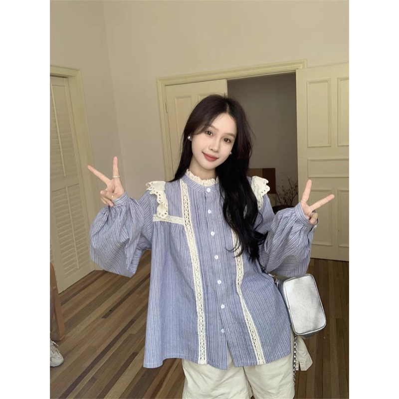 Áo sơmi điệu xanh cổ cao phối ren trắng babydoll tay bo