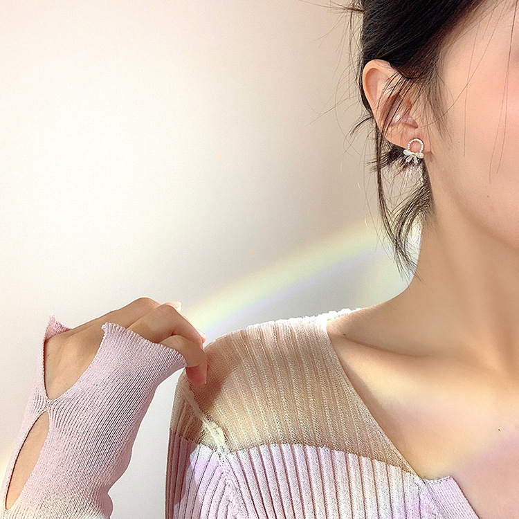 Bông tai khuyên tai Sunnybeautiful hình nơ opal nhỏ đính đa zircon tinh tế và cao cấp dành cho nữ