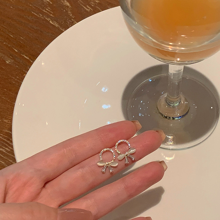 Bông tai khuyên tai Sunnybeautiful hình nơ opal nhỏ đính đa zircon tinh tế và cao cấp dành cho nữ