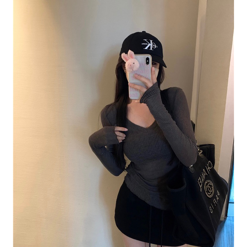 Áo thun dệt kim dài tay màu trơn cổ V xuyên thấu phong cách sexy quyến rũ cho nữ