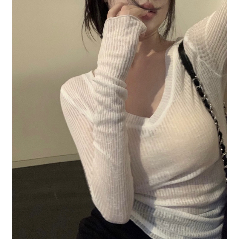 Áo thun dệt kim dài tay màu trơn cổ V xuyên thấu phong cách sexy quyến rũ cho nữ