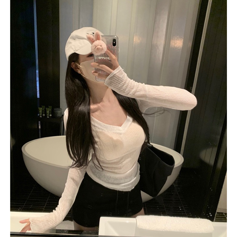 Áo thun dệt kim dài tay màu trơn cổ V xuyên thấu phong cách sexy quyến rũ cho nữ