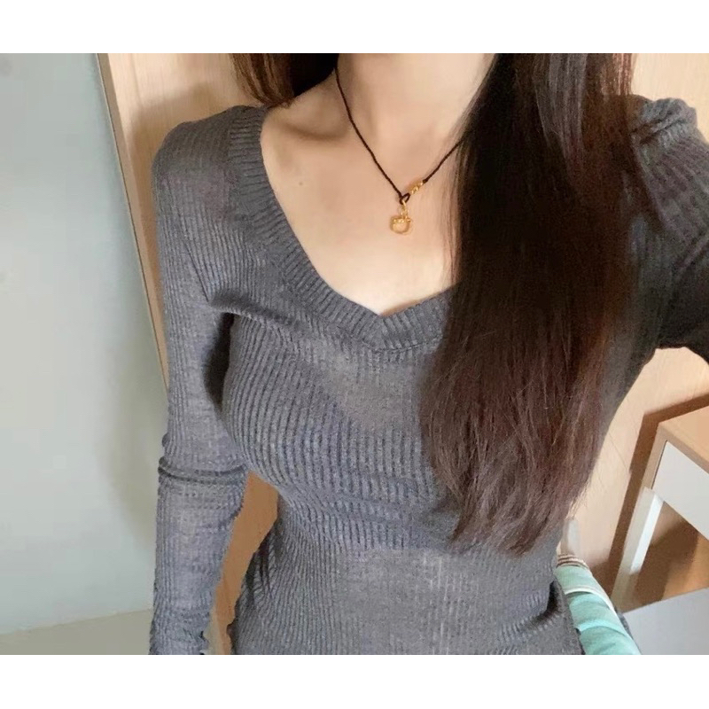 Áo thun dệt kim dài tay màu trơn cổ V xuyên thấu phong cách sexy quyến rũ cho nữ