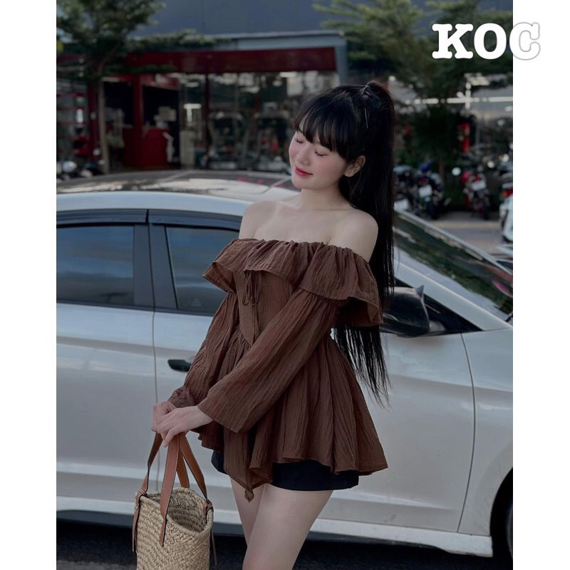 Áo Trễ Vai Dáng Baby Doll Tay Dài, Áo Bẹt Vai Tiểu Thư Màu Nâu
