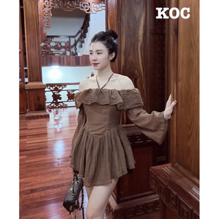  Áo Trễ Vai Dáng Baby Doll Tay Dài Áo Bẹt Vai Tiểu Thư Màu Nâu 