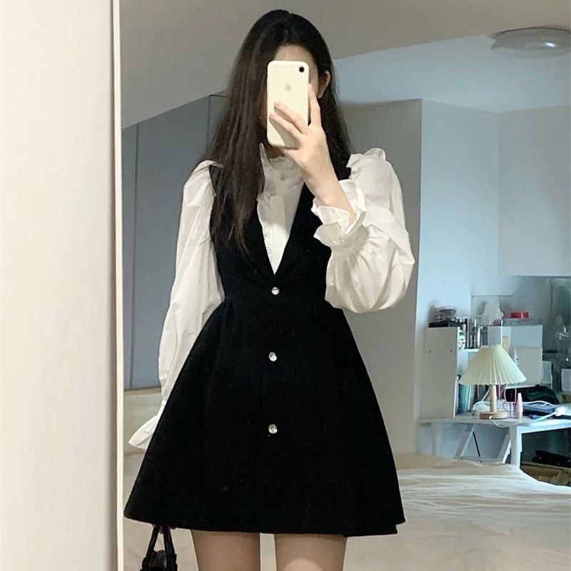 Set 2 món sơ mi kèm váy cổ vest phong cách tiểu thư Pháp