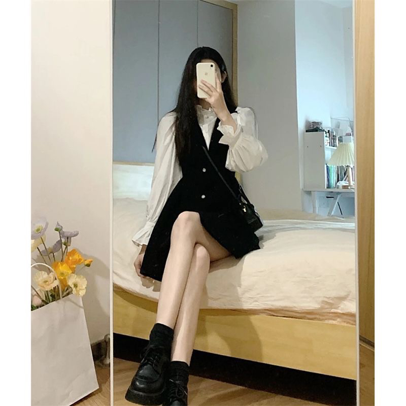 Set 2 món sơ mi kèm váy cổ vest phong cách tiểu thư Pháp