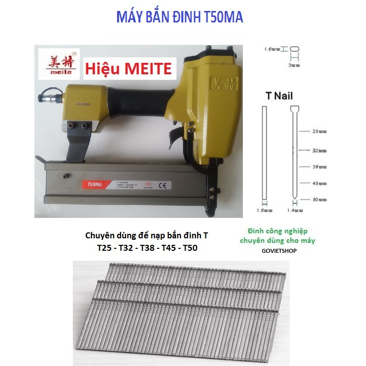 Máy bắn đinh T50 MA - hiệu Meite - Súng bắn đinh ghim T25 - T32 - T38 - T45 - T50 - Máy bấm đinh dùng hơi máy nén khí