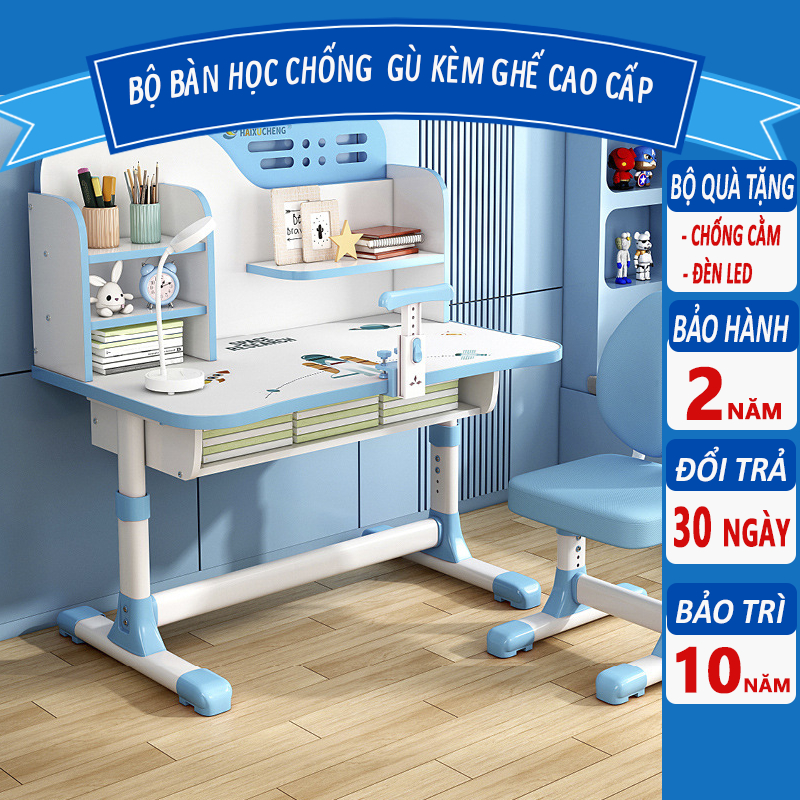 (Tặng đèn học + Giá đỡ ngực) Bộ bàn học cho bé tiểu học c05 tăng giảm chiều cao, kệ sách, đệm mông