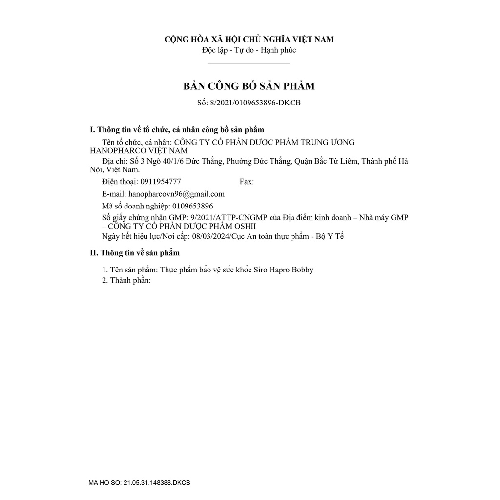 Siro ho cho bé(hộp 20 gói*10ml) HAPRO BOBBY, chiết xuất xuyên tâm liên, hoa cúc tím, tiêu đờm, bổ phế