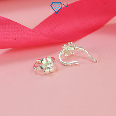 Khuyên tai bạc nữ tròn bông hoa mai đính đá trắng xinh xắn, bông tai bạc 925 chốt bấm cá tính BTN0231 - Trang Sức TNJ