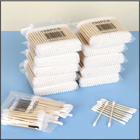 Tăm bông ngoáy tai,100 bông ráy tai thân gỗ khử trùng 2 đầu thân thiện với môi trường