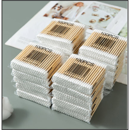 Tăm bông ngoáy tai,100 bông ráy tai thân gỗ khử trùng 2 đầu thân thiện với môi trường