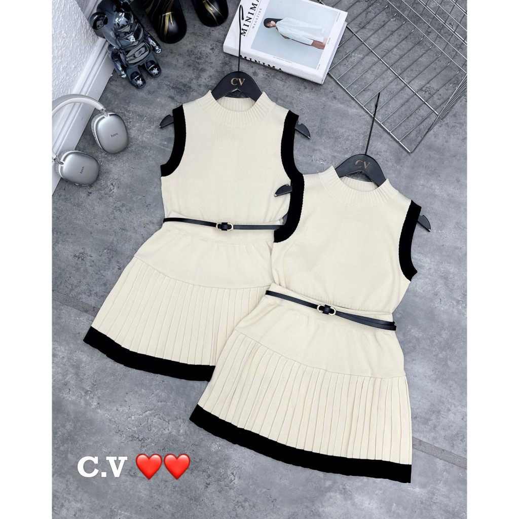 Set áo cổ cao chân váy tennis kèm đai hàng QCL1