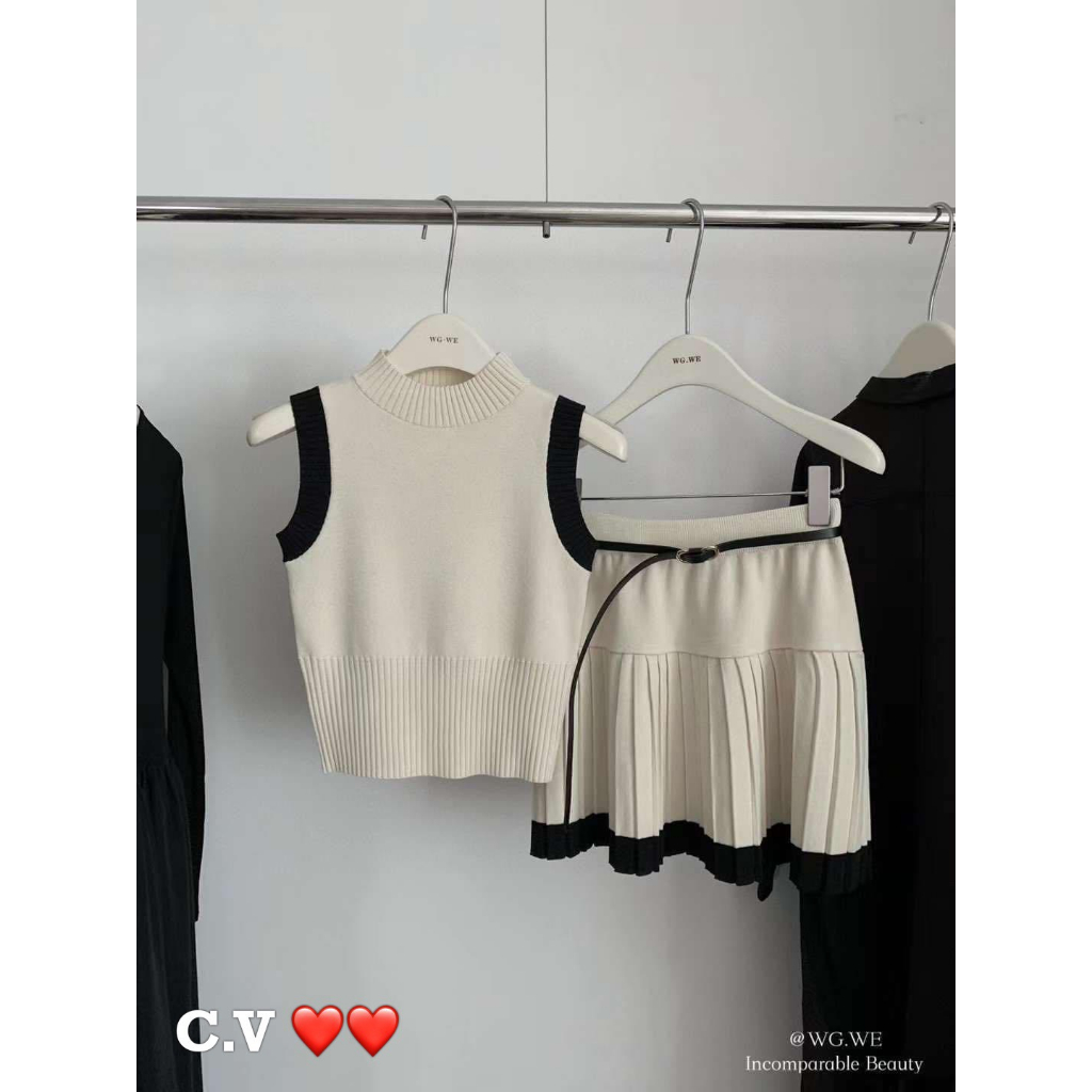 Set áo cổ cao chân váy tennis kèm đai hàng QCL1