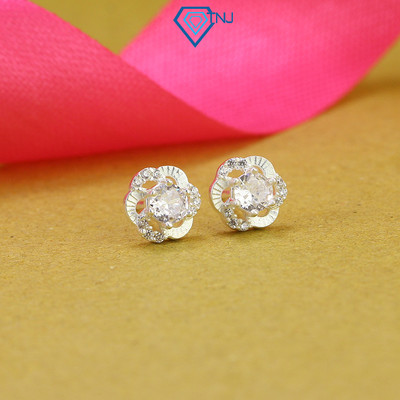 Khuyên tai bạc nữ đính đá chốt đẩy TNJ JEWELRY, bông tai bạc 925 hình bông hoa xinh xắn BTN0237 - Trang Sức TNJ