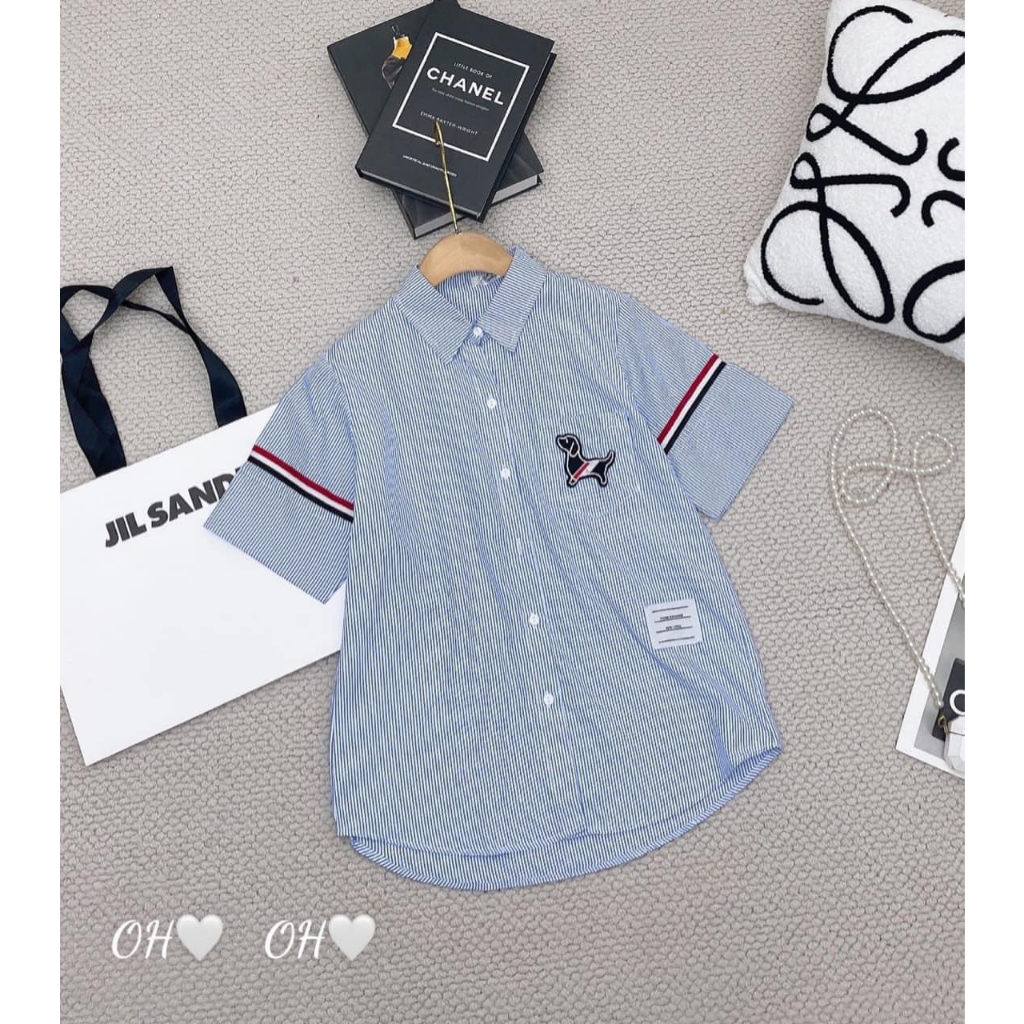 Áo Sơ Mi Thom Kẻ Sọc Tay Thêu Túi Ngực - Áo Sơ Mi Cộc Tay Đi Học