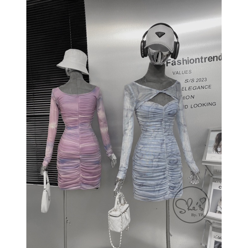 Váy body lưới loang xoắn ngực