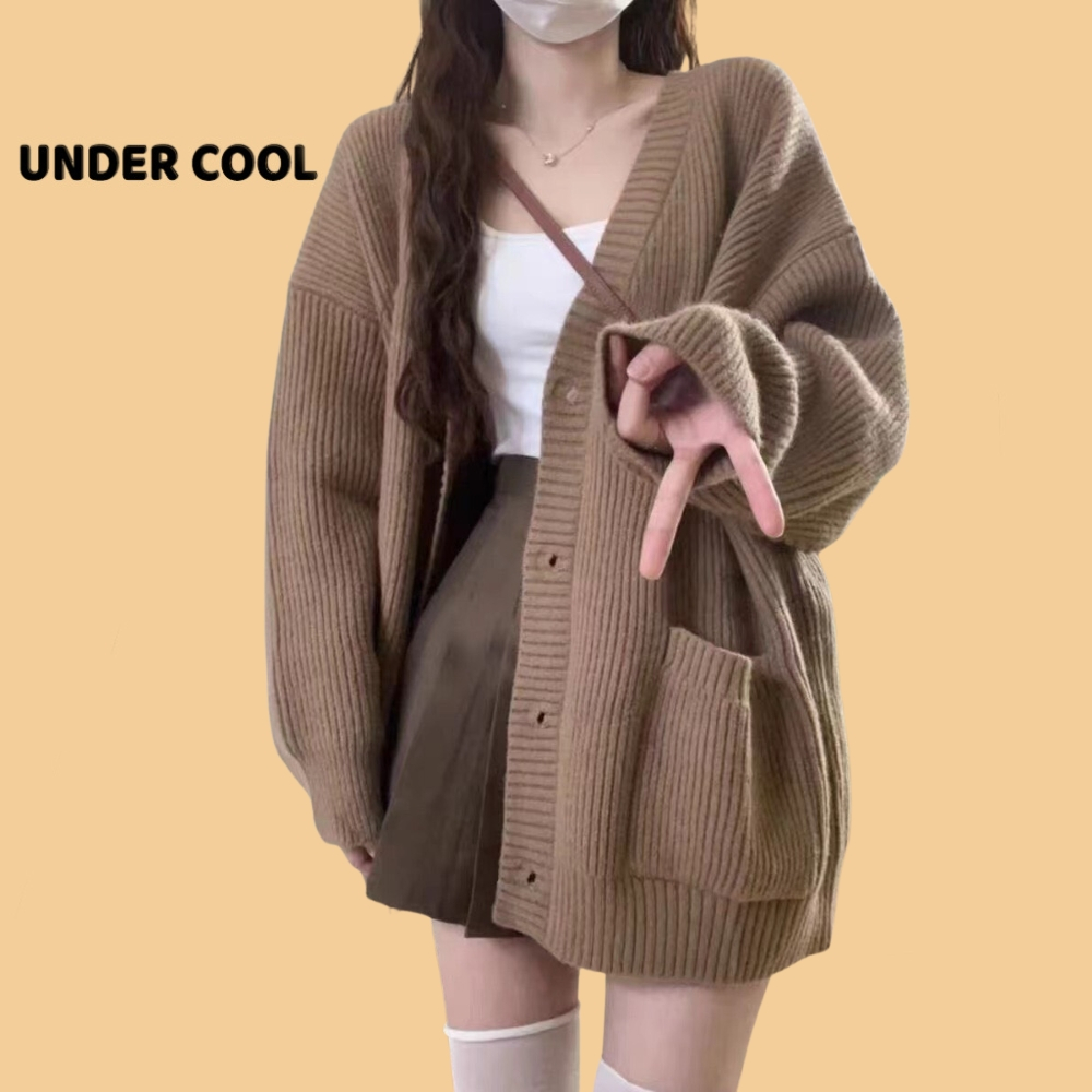 Áo cardigan khoác ngoài dáng dài len dày dặn UNDERCOOL Dáng Rộng Cổ Chữ v phong cách hàn quốc mầu trắng nâu