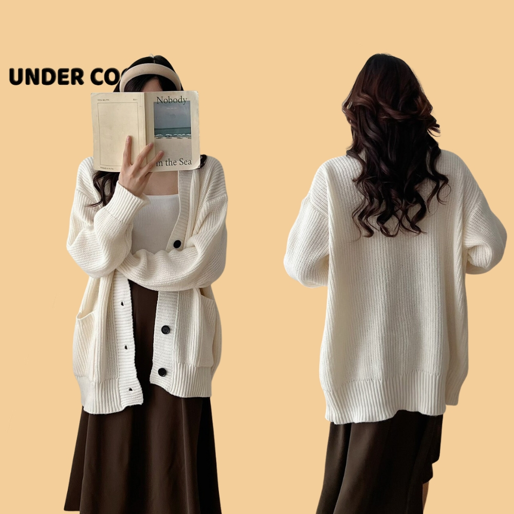 Áo cardigan khoác ngoài dáng dài len dày dặn UNDERCOOL Dáng Rộng Cổ Chữ v phong cách hàn quốc mầu trắng nâu