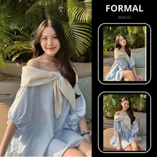 Váy trễ vai tay bồng bo chun nơ trắng điệu đà F45