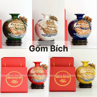 Bình Hút Tài Lộc Cao 18cm Thuận Buồm Xuôi Gió Đắp Nổi Men Màu Gốm Sứ Bát Tràng Tặng Kèm Đế