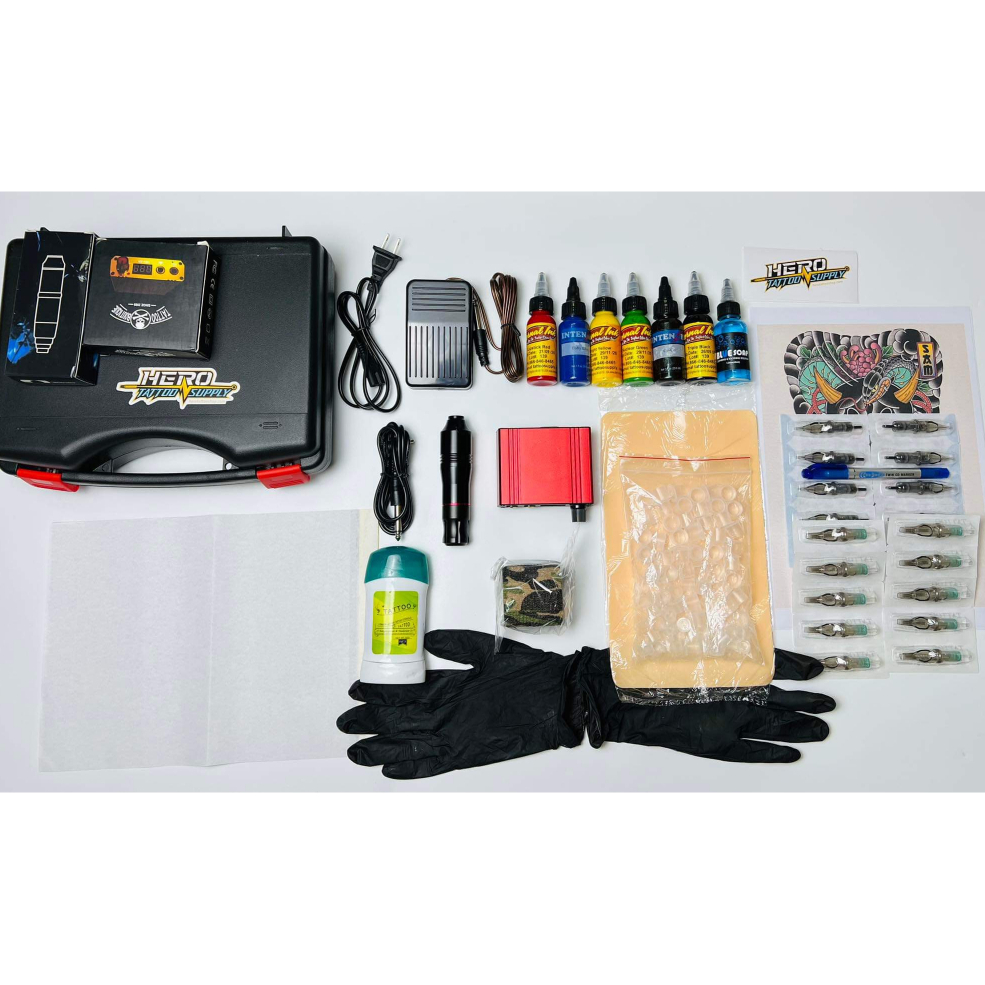 Combo bộ tập xăm hero tatoo kit,  Bộ tập xăm 16 món đồ dành cho người mới bắt đầu